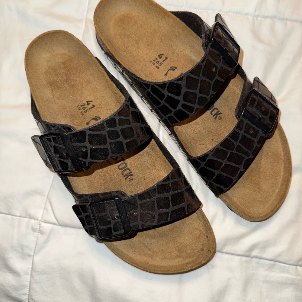 Birkenstock Black/Gold Croc Slide Sandals